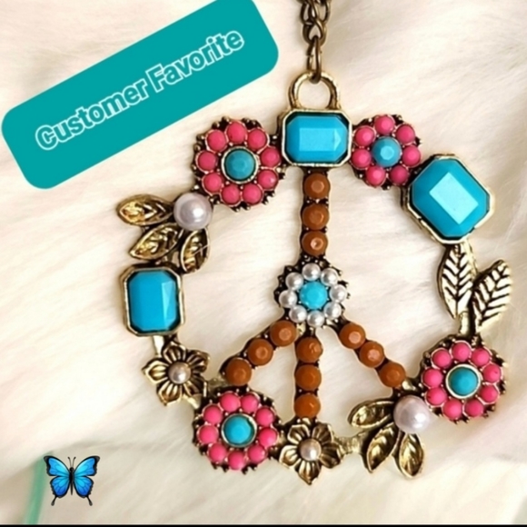 Anthropologie Jewelry - Turquoise Multi Gem  Peace Sign Pendant